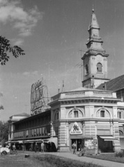 Hungary, Kecskemét, Szabadság tér, Állami Áruház, háttérben a református templom., 1963, Nagy Gyula, sign-board, Fortepan #50579