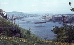 Magyarország, Gellérthegy, Budapest XI., kilátás az épülő Erzsébet híd felé., 1964, Nagy Gyula, színes, hídépítés, Budapest, Duna-híd, Fortepan #50650