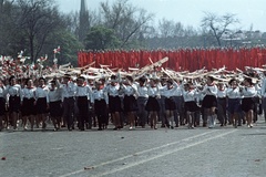 Magyarország, Budapest XIV., Ötvenhatosok tere (Felvonulási tér), május 1-i felvonulás., 1964, Nagy Gyula, úttörő, színes, zászló, politikai dekoráció, felvonulás, repülőgépmodell, Budapest, Fortepan #50673