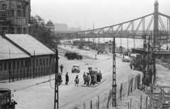 Magyarország, Budapest V., a Belgrád rakpart és a Szabadság híd az Erzsébet híd építkezése felől nézve., 1964, Nagy Gyula, Duna, Budapest, Duna-híd, Feketeházy János-terv, Fortepan #50699