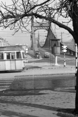 Hungary, Budapest XI., Szent Gellért tér, Szabadság híd budai hídfő., 1963, Nagy Gyula, tram, Stuka tramway, Budapest, Duna-bridge, János Feketeházy-design, Fortepan #50872