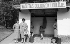 Magyarország, Mátraháza, MÁVAUT buszmegálló 24-es úton a MÁV üdülőnél., 1960, Nagy Gyula, nők, bőrönd, buszmegálló, aktatáska, cekker, kézitáska, Fortepan #51078