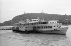 Magyarország, Budapest V., szovjet Amur szállodahajó a Vigadó térnél. Háttérben a Gellért-hegy., 1960, Nagy Gyula, hajó, szabadság, emlékmű, Amur hajó, Budapest, cirill írás, Fortepan #51094