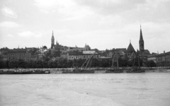 Magyarország, Budapest I., a Kossuth híd bontásán dolgozó úszódaruk a Bem rakpart előtt., 1960, Nagy Gyula, templom, Duna, úszódaru, Budapest, Pecz Samu-terv, Fortepan #51137