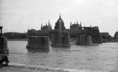 Magyarország, Budapest V.,Budapest I., a bontás alatt lévő Kossuth híd, háttérben a Parlament., 1960, Nagy Gyula, Kossuth híd, Steindl Imre-terv, országház, neogótika, eklektikus építészet, Budapest, Fortepan #51218