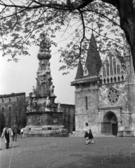 Magyarország, budai Vár, Budapest I., Szentháromság tér, Szentháromság-szobor és a Mátyás-templom., 1959, Nagy Gyula, Budapest, Fortepan #51234