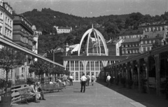 Czech Republik, Karlovy Vary, Termál Forrás kolonnád., 1956, Nagy Gyula, Czechoslovakia, bench, dome, wooden structure, colonnade, health resort, Harald Schnabel-design, Ladislav Kozák-design, Fortepan #51412