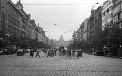 Czech Republik, Prague, Vencel tér (Václavské námestí), távolban a Nemzeti Múzeum., 1956, Nagy Gyula, Czechoslovakia, tram, Renaissance Revival, museum, cobblestones, rails, off-roader, public transport, Functionalism, National museum, Josef Schulz-design, Ringhoffer-brand, public transport line number, Fortepan #51435