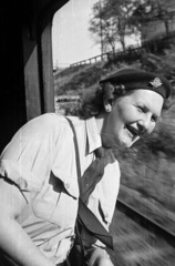 1956, Nagy Gyula, badge, passenger, leaning out of the window, Fortepan #51439