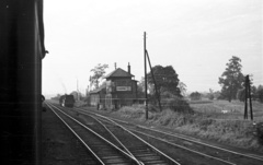 Czech Republik, Karviná, vasútállomás., 1956, Nagy Gyula, aerial wire, train station, rails, board, place-name signs, Fortepan #51442