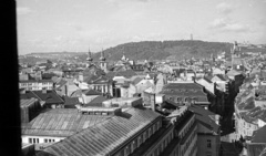 Czech Republik, Prague, kilátás a Lőportoronyból az Óratorony felé nézve., 1956, Nagy Gyula, Czechoslovakia, church, picture, tower, bird's eye view, Fortepan #51447