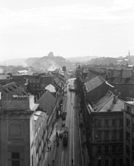 Czech Republik, Prague, kilátás a Lőportoronyból a Hybernská ulice felé., 1956, Nagy Gyula, Czechoslovakia, tram, picture, rails, bird's eye view, Fortepan #51449