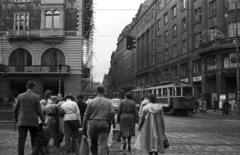 Czech Republik, Prague, Vencel tér (Václavské námestí), szemben a Vodickova ulice torkolata., 1956, Nagy Gyula, Czechoslovakia, traffic, street view, genre painting, tram, Renaissance Revival, raincoat, public transport, Antonín Wiehl-design, Ringhoffer-brand, public transport line number, crosswalk, Fortepan #51463