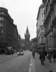 Czech Republik, Prague, Jindrisska torony az azonos nevű utca végén., 1956, Nagy Gyula, Czechoslovakia, traffic, commercial vehicle, street view, genre painting, Red Star, tower, gothic, automobile, bell tower, Josef Mocker-design, Fortepan #51466