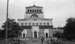 Czech Republik, Prague, námestí Jirího z Podebrad (Podjebrád György tér), Nejsvetejsího Srdce Páne templom., 1956, Nagy Gyula, Czechoslovakia, church, Catholic Church, Jože Plečnik-design, Fortepan #51475