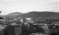 Csehország, Karlovy Vary, látkép a vasútállomás melletti dombról az Ohre és Teplá folyók összefolyása felé nézve., 1956, Nagy Gyula, Csehszlovákia, híd, látkép, madártávlat, gyógyszálló, Fortepan #51501