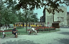 Magyarország, Budapest V., Kecskeméti utca - Kálvin tér sarok, szemben a Múzeum utca., 1958, Nagy Gyula, színes, villamos, villamosmegálló, Ganz-márka, Budapest, Fortepan #51607