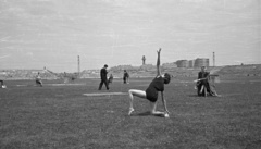 Hungary, Budapest XIII., Fáy utcai Építők (később VASAS) pálya, háttérben a Fiastyúk utcai lakótelep házai., 1955, Nagy Gyula, Budapest, Fortepan #51667