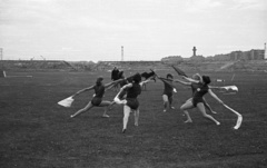 Hungary, Budapest XIII., Fáy utcai Építők (később VASAS) pálya, háttérben a Fiastyúk utcai lakótelep házai., 1955, Nagy Gyula, flag, exercise, girl, Budapest, Fortepan #51669