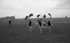 Hungary, Budapest XIII., Fáy utcai Építők (később VASAS) pálya, balra a Fiastyúk utcai lakótelep házai., 1955, Nagy Gyula, flag, exercise, girl, Budapest, one leg standing, Fortepan #51670