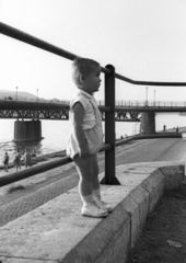 Hungary, Budapest V., Széchenyi rakpart, háttérben a Kossuth híd., 1955, Nagy Gyula, bridge, railing, kid, wharf, kid, Budapest, Fortepan #51759