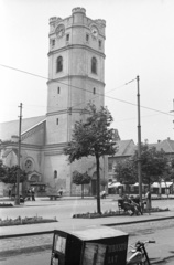 Magyarország, Debrecen, Piac utca (Vörös Hadsereg útja), református Kistemplom (Csonkatemplom)., 1953, Nagy Gyula, templom, csehszlovák gyártmány, motorkerékpár, CZ-márka, Fortepan #51808