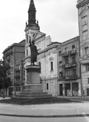 Magyarország, Budapest V., Petőfi tér, Petőfi Sándor szobra (Huszár Andor, 1882.), mögötte az ortodox székesegyház., 1954, Nagy Gyula, templom, szobor, Petőfi-ábrázolás, Budapest, Fortepan #51826