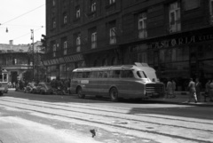 Hungary, Budapest V., Kossuth Lajos utca az Astoria kereszteződés felé nézve. Az Astoria szálló előtt a nullszériás Ikarus 55 típusú távolsági autóbuszok egyike., 1955, Nagy Gyula, bus, sign-board, Gerrman brand, Hungarian brand, street view, espresso, restaurant, Ikarus-brand, Volkswagen-brand, tram, MÁVAUT-organisation, Volkswagen Beetle, Budapest, Fortepan #51860