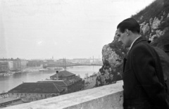 Magyarország, Budapest I., Gellérthegy, kilátás a Rudas fürdő és a Szabadság híd felé., 1953, Nagy Gyula, híd, látkép, Budapest, Duna-híd, Feketeházy János-terv, Fortepan #51909