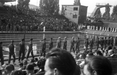 Magyarország, Margitsziget, Budapest, Hajós Alfréd Nemzeti Sportuszoda., 1953, Nagy Gyula, uszoda, ugrótorony, Hajós Alfréd-terv, rajtkő, Fortepan #51942