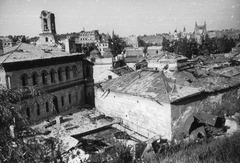 Hungary, Tabán, Budapest I., előtérben a Rác fürdő romjai, balra a Szent Demeter szerb templom tornya., 1945, Kramer István dr, Kunszt János, war damage, ruins, Budapest, Fortepan #52045