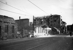 Hungary, Budapest I., Alkotás utca a Nagyenyed utca felől a Márvány utca felé nézve., 1945, Kramer István dr, Kunszt János, war damage, ruins, Budapest, rails, catenary wire, Fortepan #52069