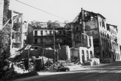 Hungary, Budapest I., Alkotás utca a Nagyenyed utca felől a Márvány utca felé nézve., 1945, Kramer István dr, Kunszt János, war damage, ruins, Budapest, pylon, rails, Fortepan #52116