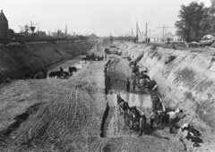 Hungary, Budapest XIV., Kerepesi út. A metró és a gödöllői HÉV Hungária körúti, tervezett közös végállomásának építése., 1950, UVATERV, railway, horse, chariot, construction, genre painting, coach, cart, subway construction, Budapest, Fortepan #5305