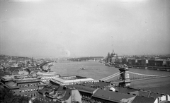 Hungary, Budapest I., látkép a Királyi Palotától a Margitsziget felé nézve., 1936, Romák Éva, parliament, Danube, Budapest, suspension bridge, William Tierney Clark-design, Fortepan #53274