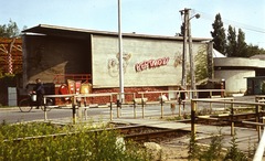 Magyarország, Balatonlelle, kertmozi., 1975, Balázs Lajos, kerékpár, színes, kutya, lámpaoszlop, mozi, sínpálya, neon felirat, vasúti átkelő, Fortepan #53333