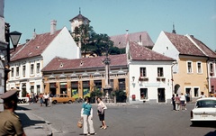 Magyarország, Szentendre, Fő (Marx) tér, középen a Szerb (kalmár) kereszt., 1980, Balázs Lajos, színes, Trabant-márka, felirat, utcakép, Lada-márka, tányérsapka, automobil, Trabant 601, rendszám, falikar, Fortepan #53375