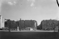 Magyarország, Budapest V., Kossuth Lajos tér, az Akadémia utca torkolata., 1951, UVATERV, tűzfal, vörös csillag, metróépítés, Budapest, Fortepan #5364