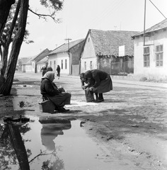 Slovakia, Fiľakovo, ulica Trhova (Piac utca)., 1959, Zsanda Zsolt, Vajszada Károly, Czechoslovakia, market, puddle, basket, bucket, Fortepan #53775