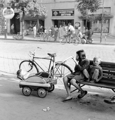 Slovakia, Lučenec, ulica Tomása Garrigue Masaryka., 1959, Zsanda Zsolt, Vajszada Károly, Czechoslovakia, bicycle, shop, baby carriage, mirror, bench, furniture shop, bilingual sign, Fortepan #53783