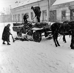 Slovakia, Fiľakovo, ulica Hlavná (Fő utca)., 1959, Zsanda Zsolt, Vajszada Károly, Czechoslovakia, snow, Horse-drawn carriage, snow worker, Fortepan #53841