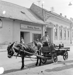 Szlovákia, Fülek, ulica Hlavná (Fő utca) az ulica Rázusova torkolatával szemben., 1960, Zsanda Zsolt, Vajszada Károly, Csehszlovákia, szamár, óra-ékszer, Fortepan #53929