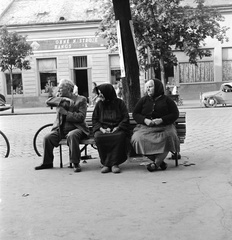 Szlovákia, Losonc, ulica Tomása Garrigue Masaryka., 1960, Zsanda Zsolt, Vajszada Károly, Csehszlovákia, kerékpár, hangszer, üzlet, pad, idős ember, Velorex-márka, kétnyelvű felirat, Fortepan #53947