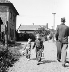 Szlovákia, Fülek, ulica Daxnerova., 1960, Zsanda Zsolt, Vajszada Károly, Csehszlovákia, utcakép, gyerekek, kockakő, tejeskanna, Fortepan #53952