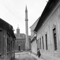 Magyarország, Eger, Minaret a Torony utcából nézve, háttérben a Szent Sebestyén vértanú templom (volt Irgalmasok temploma)., 1951, Gyöngyi, katolikus, minaret, Fortepan #5413