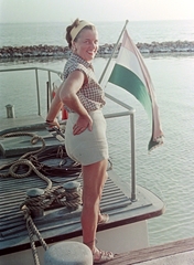 Hungary,Lake Balaton, 1955, Fortepan, ship, colorful, flag, happiness, smile, Fortepan #554