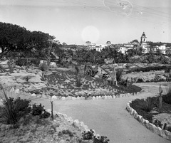 Olaszország, Bordighera, Pallanca egzotikus kert, jobbra a Campanile., 1939, Magyar Bálint, park, egzotikum, Fortepan #55552