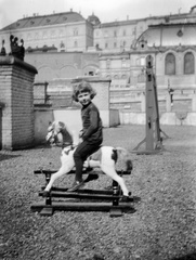 Magyarország, Budapest I., Attila út 35. (Attila körút 2.) tetőterasza, háttérben a Lovarda és Királyi Palota (később Budavári Palota) Istállóépülete., 1913, Magyar Bálint, hintaló, Budapest, Fortepan #55731