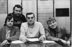 Magyarország, Budapest VIII., Magyar Rádió. Sinkó Péter, Farkasházy Tivadar, Marton Frigyes, Kaposy Miklós a Rádiókabaré szerkesztői., 1983, Rádió és Televízió Újság, Budapest, Magyar Rádió, Fortepan #56330