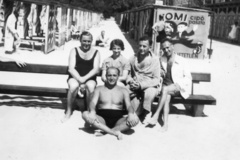 Hungary,Lake Balaton, Siófok, fövenyfürdő., 1935, ad, bathing suit, tableau, bench, bathrobe, cross-legged sitting, Fortepan #58058